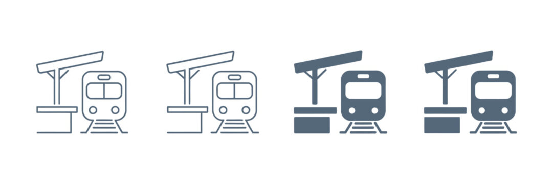 Railway outline icons, vector set featuring high-speed train designs and train depot