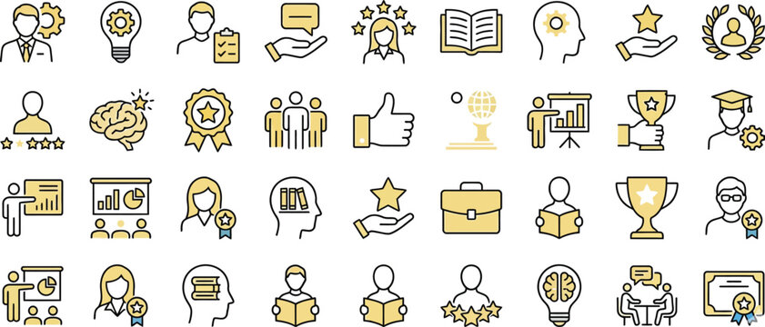 Education learning icon set. Online course knowledge and training symbols. School study creativity and academic logotypes. Vector illustration.