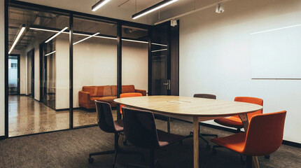 Fototapeta premium Modern, empty corporate meeting room with a large wooden table, vibrant orange chairs, and a crisp whiteboard.