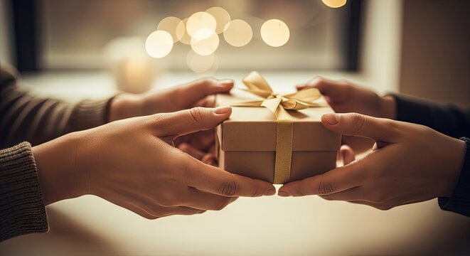A heartwarming exchange of a beautifully wrapped gift between two people symbolizing love and connection