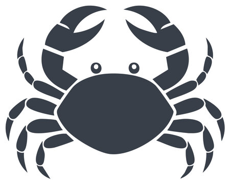 Stylized dark gray crab icon with beady eyes and large claws raised in defense