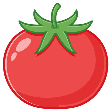Cartoon depiction of a ripe, red tomato with green leaves on a simple design.