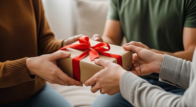 A heartwarming exchange of a beautifully wrapped gift among a group of people celebrating a special occasion