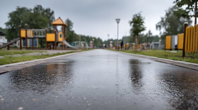 Wet pathway in a blurred children s playground under a grey cloudy sky