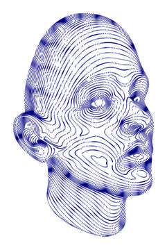 Blue wireframe human head, futuristic 3D illustration, technology concept, digital avatar