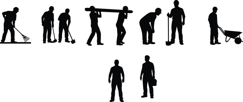 Construction worker silhouettes set, manual laborers with tools, builders carrying wood, shoveling, raking, and pushing wheelbarrow for industrial site project design