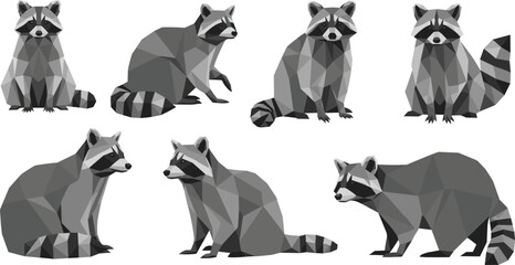 Low poly raccoon vector set with geometric polygon shapes modern wildlife animal design collection for creative branding illustration © MstLaky