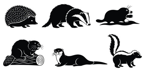 Forest mammals silhouette collection featuring hedgehog badger mole beaver otter and skunk icons for nature vector illustration © Md Robin Hasan