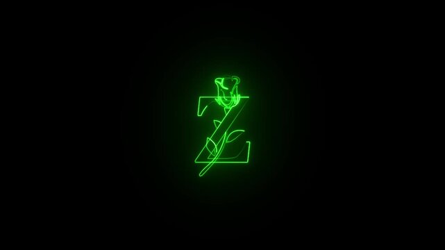 Neon green letter Z with rose flower animation on black background flickering glowing light effect footage