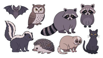 Obraz premium Nocturnal animals vector illustration set with owl bat raccoon skunk hedgehog loris cat wildlife cartoon