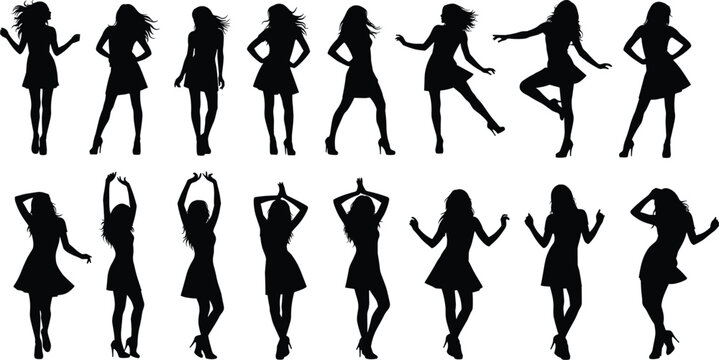 Silhouettes of beautiful women dancing and posing in elegant dresses, vector fashion models set for party, clubbing, and celebration themes.
