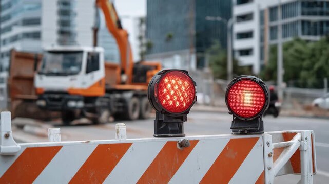Close-up of bright red LED warning lights mounted on street barriers, reflective orange stripes catching light, shallow depth of field rendering construction equipment and warning