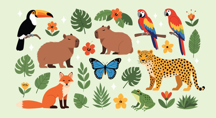 Fototapeta premium Collection of vibrant Amazon rainforest animals and plants.