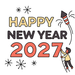 Obraz premium A vibrant illustration depicts a cheerful happy new year 2027 message alongside celebratory imagery of fireworks and a climbing figure