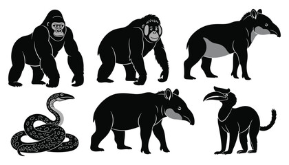 Rainforest wildlife silhouette set with gorilla orangutan tapir snake and hornbill vector © Md Robin Hasan