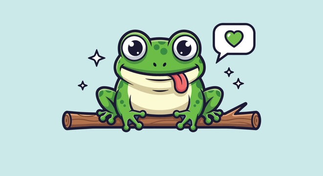 Cute Green Frog with Tongue Out Sitting on a Branch.