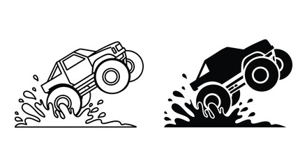 Dynamic monster truck jumping with water splashes a striking silhouette © MIRAJ02