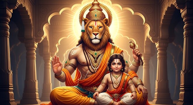 Lord Narasimha with Prahlada &ndash; Hindu Mythology Temple Art