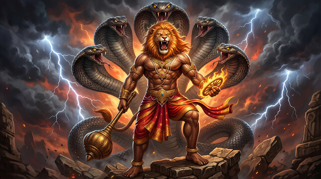 Lord Narasimha with Serpent Guardians &ndash; Hindu Mythology Art
