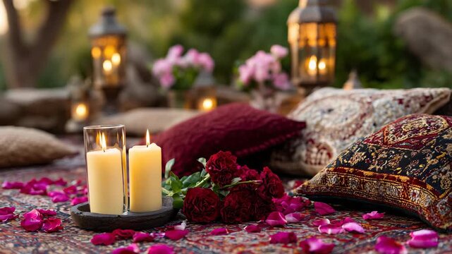 Close-up perspective of intimate picnic scene with layered Persian-style rug, embroidered cushions, scattered pink and red rose petals, tall taper candles in glass holders glowing