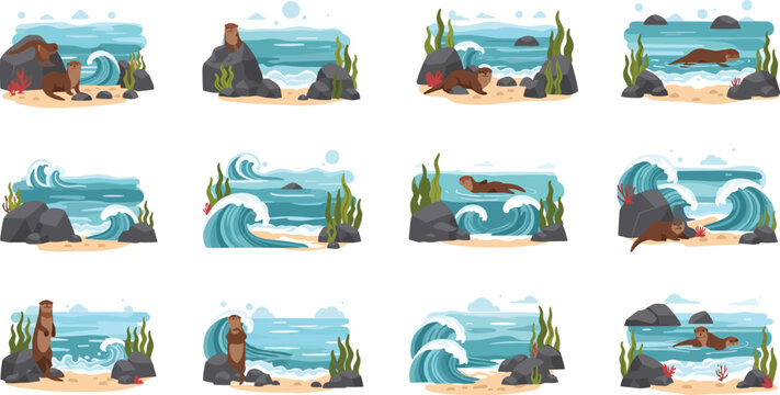 Playful otter vector set in coastal beach scenes with ocean waves rocks sea plants and cute wildlife illustrations