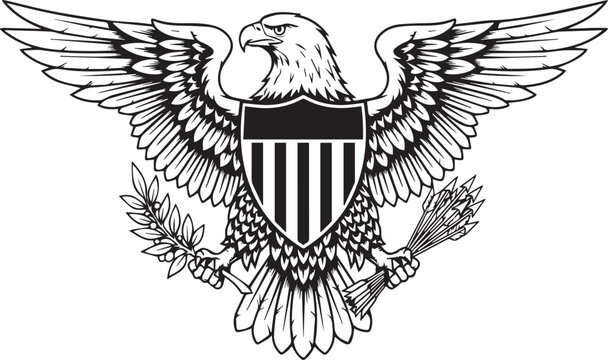 American eagle symbol, patriotic shield, black and white vector icon, national emblem