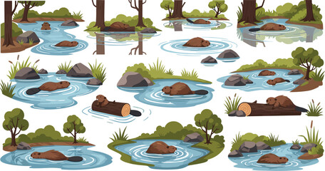 Beaver Habitat Illustration Collection with River Pond Scenes Dams Logs and Wetland Nature Cartoon Vector Set © MstLaky