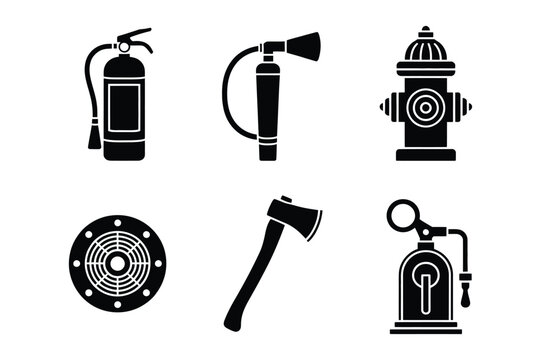 Set of firefighting equipment including extinguisher, hydrant, axe, and hose noz