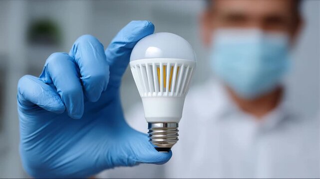 Detailed close-up of gloved hands carefully removing an outdated bulb and inserting a modern LED bulb, glass curvature and internal filament sharply in focus, bright neutral lighti