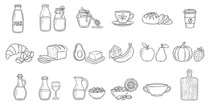 Breakfast and organic food icons set with milk honey bread fruits and vegetables vector