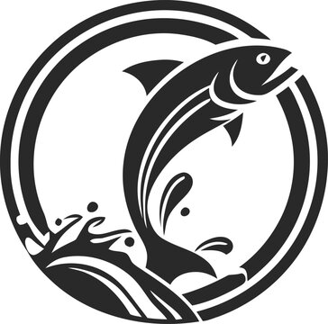 A minimalist black and white circular logo design featuring a salmon fish jumping from water