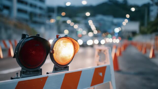 Detailed front-facing close-up of red hazard warning lights on orange barriers, reflective tape and bolts visible in high detail, shallow depth of field blurring traffic cones and