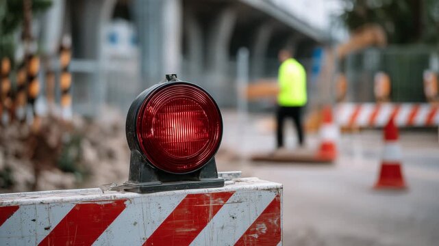 Detailed macro of a red flashing construction warning light atop a striped street barrier, reflective safety tape illuminated by nearby light, subtle scratches and wear on the plas