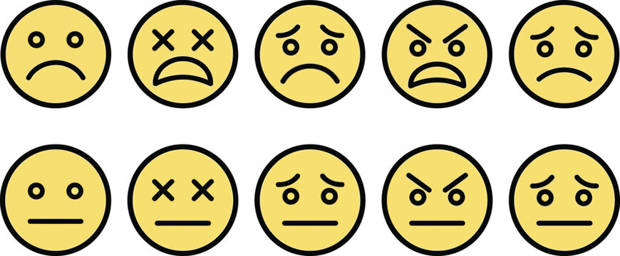 Sad and angry emoji face icon set. Negative emotion emoticons collection. Disappointed, frustrated, dead and neutral expressions. Yellow round smiley symbols. Vector illustration.