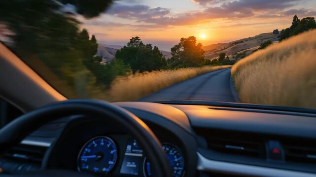 Driver&rsquo;s eye view through windshield at sunset, glowing sun low over horizon, dashboard silhouettes in foreground, winding road framed by golden fields and distant hills, cinematic