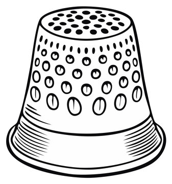 Black and white illustration of a sewing thimble with perforated dots and circles