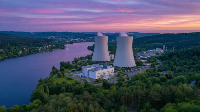 High-altitude drone perspective of a contemporary nuclear power station at dusk, symmetrical reactor buildings and cooling towers illuminated by fading sunlight, tranquil lake wate