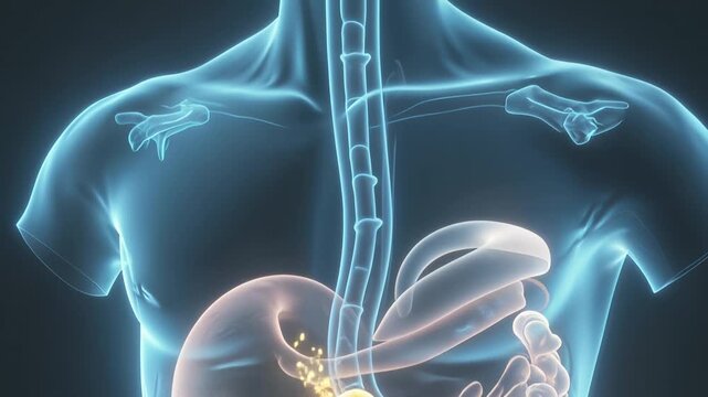 Medical illustration of pill traveling through human digestive tract