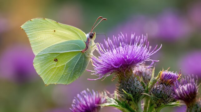 Brimstone butterfly feeding on purple thistle in meadow