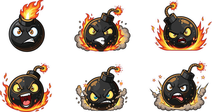 Explosive Bomb Cartoon Icon Set with Fire, Smoke, and Impact Effects for Gaming, Emotes, and Digital Art.