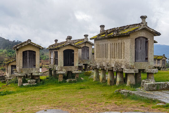 Lindoso Granaries or 'Espigueiros de Lindoso' perched on stilts on granite massif. They were built off the ground to protect food crops from rats and other rodents. Some are still used today. Portugal