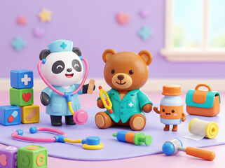 Obraz premium Kawaii panda nurse treating a teddy bear patient