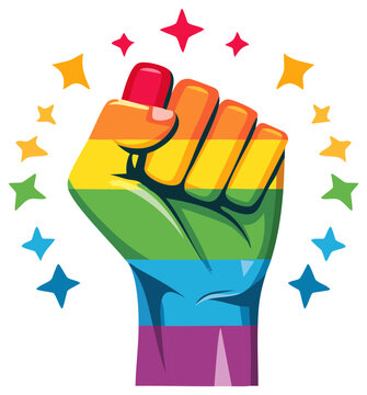 Rainbow fist raised with stars, LGBTQ pride and solidarity concept