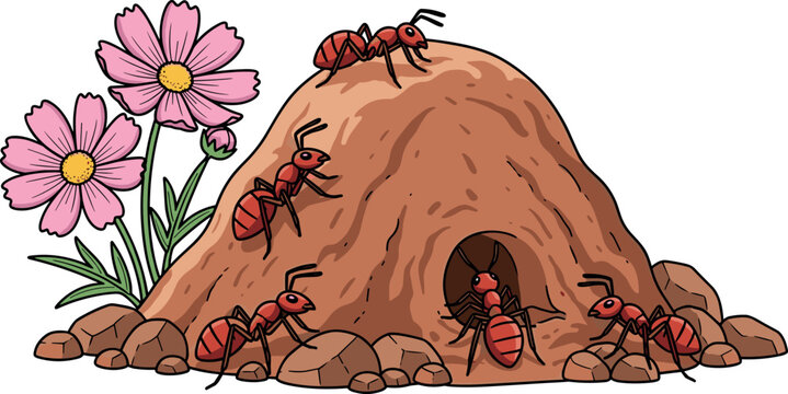 Ant colony hill vector illustration featuring red ants working around anthill with flowers cartoon style isolated on white