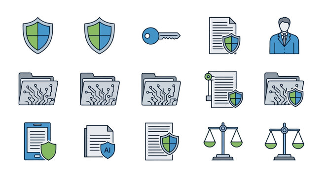 Collection of security and legal concepts represented by icons including shields keys documents folders with circuits and scales of justice illustrating digital protection data access and