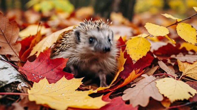 Cute hedgehog peeking out from colorful autumn leaves in a forest.