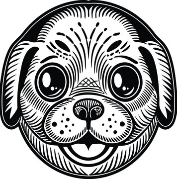 A highly stylized black and white line art illustration of a cute pug face inside a circle frame