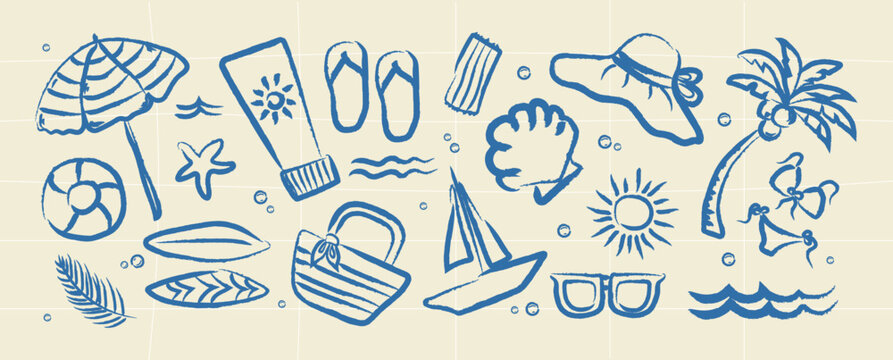 Doodle Hand Drawn Summer Trendy Icon set. Summer Vintage Whimsical Elements in Charcoal Pencil Style. Summer Beach Icons in Pencil Doodle Style. Drawing ink. Travel drawing hand drawn. Sketch Italian