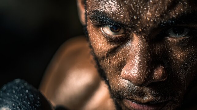 Boxer sweating and focused in low light closeup training session