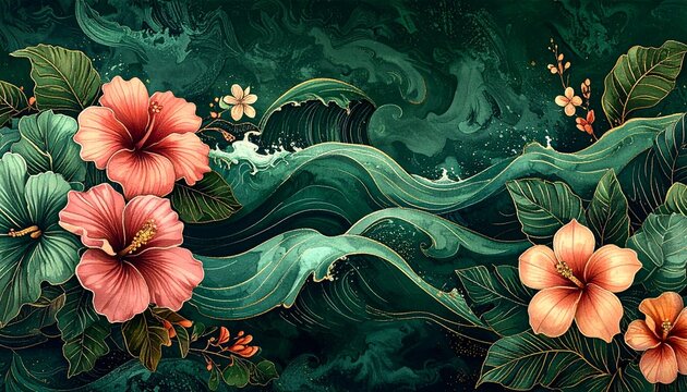 tropical hibiscus and monstera seamless batik pattern in emerald green waves